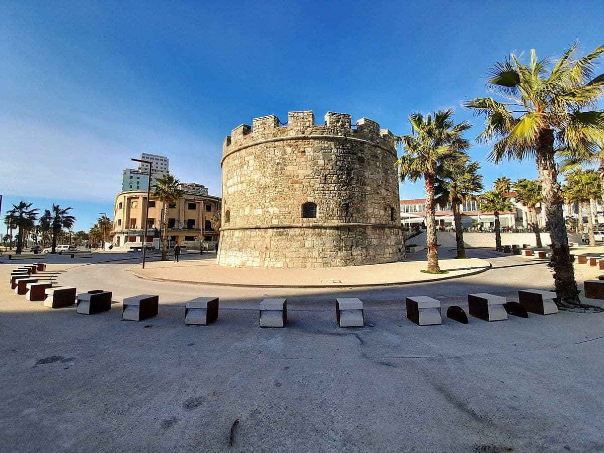 The Venetian Tower in Durrës — the old defensive bastion at the edge of the seafront promenade.