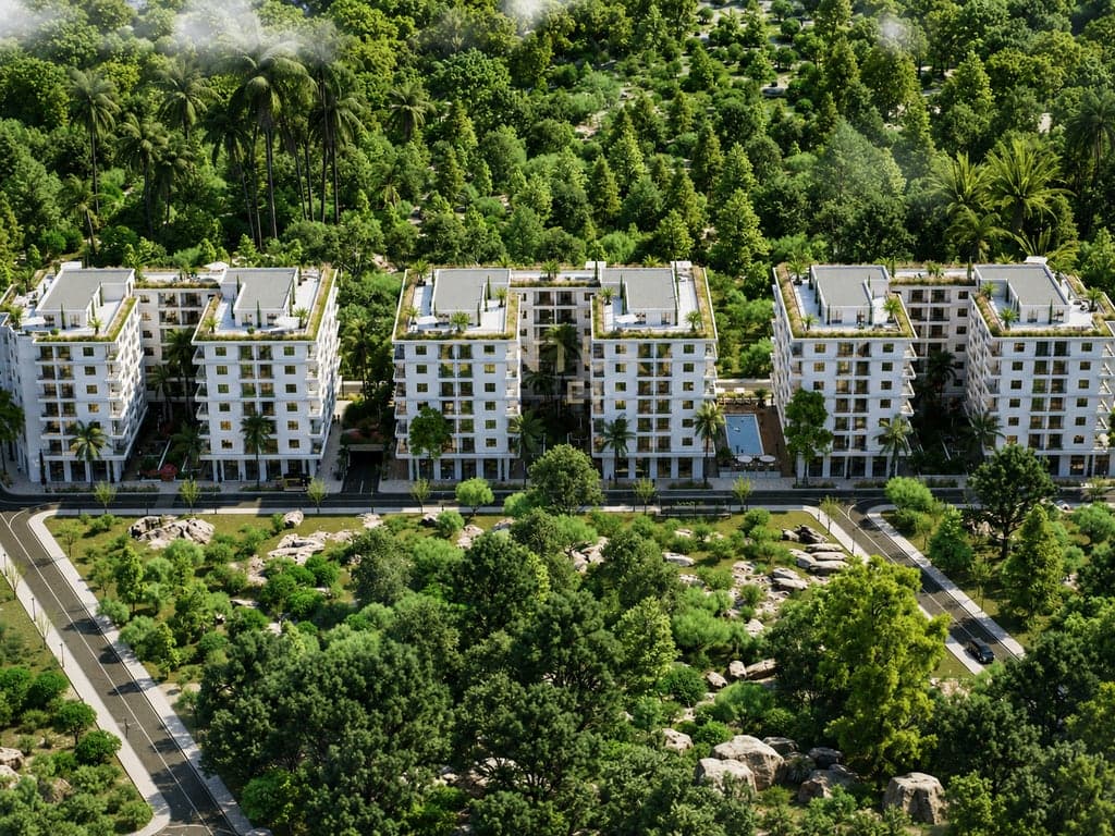 Blue Horizon Residence — aerial render of the low-rise blocks set in 44 000 m² of landscaped grounds, central pool visible mid-frame, Qerret.